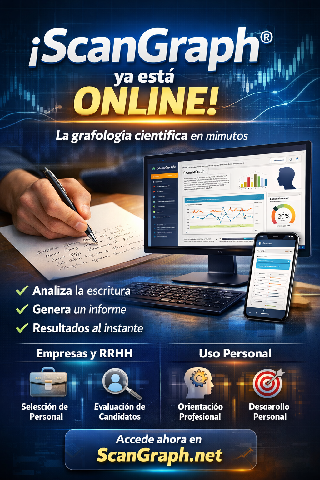 scangraph online Plataforma ScanGraph online analizando escritura manuscrita y mostrando informes grafológicos en pantalla
